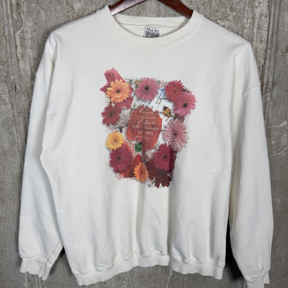Vintage Maze Floral Garden Ladybug Sweatshirt Cream Womens Large Made in USA 90s